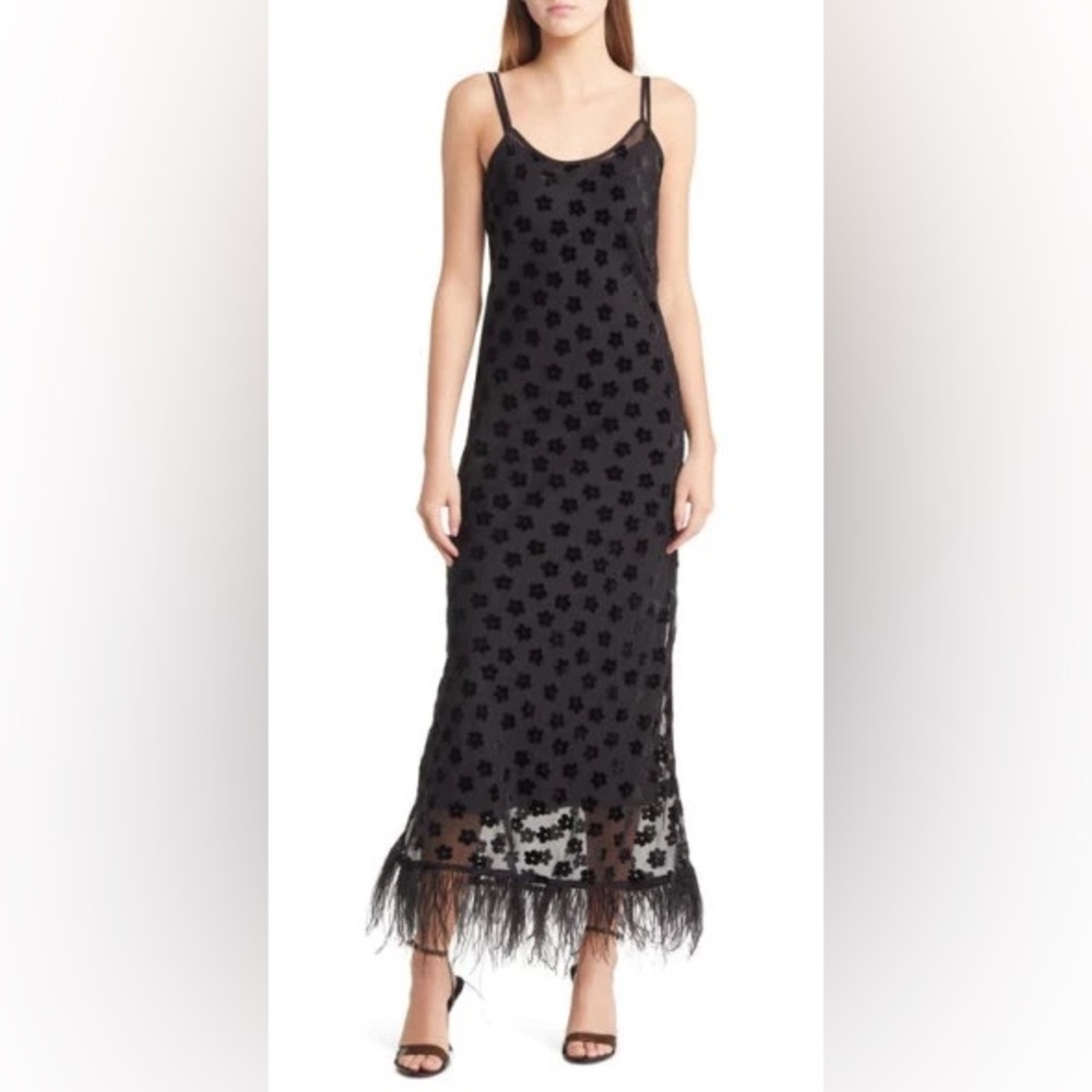 Charles Henry Feather Trim Slipdress in Black Daisies at Nordstrom